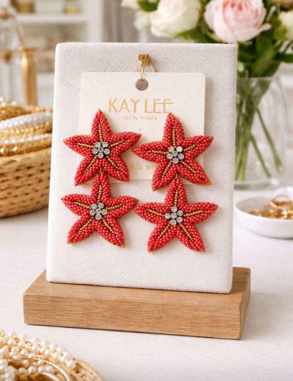 Kay Lee Orange Starfish Beaded Earrings New